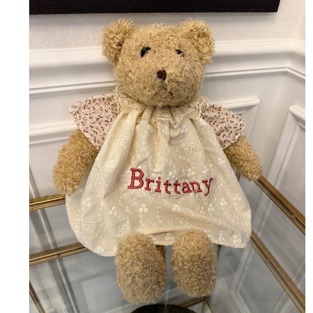 Personalized Brittany Teddy Bear Plush Tan Curly Fur Floral Eyelet Dress Vintage